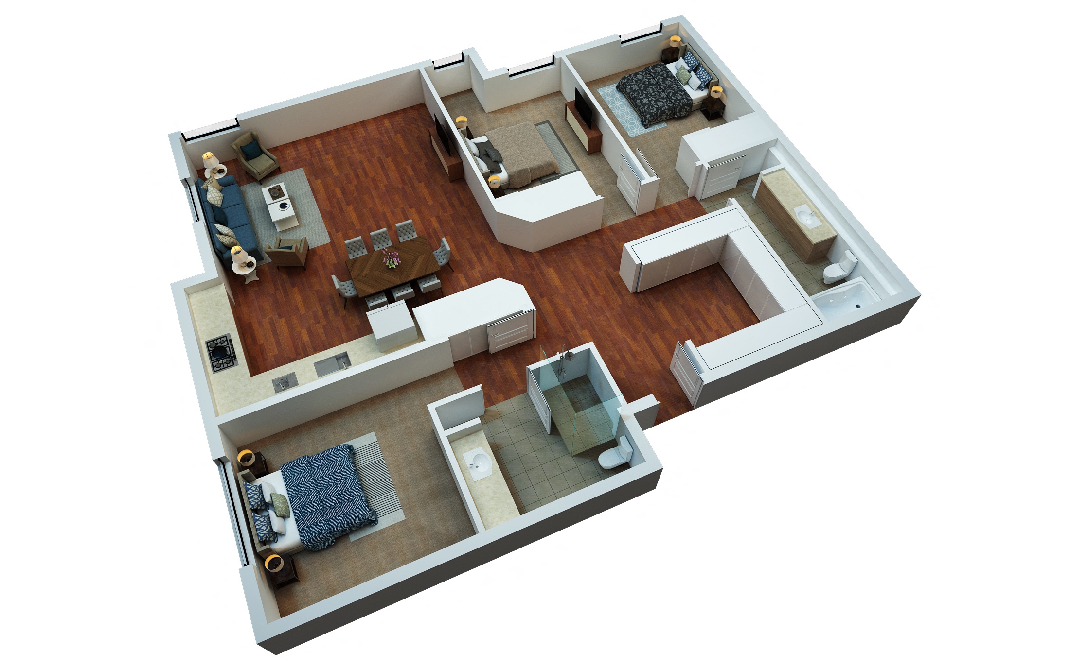 Floor plan for 3 beds, 2 baths, 1228 sqft